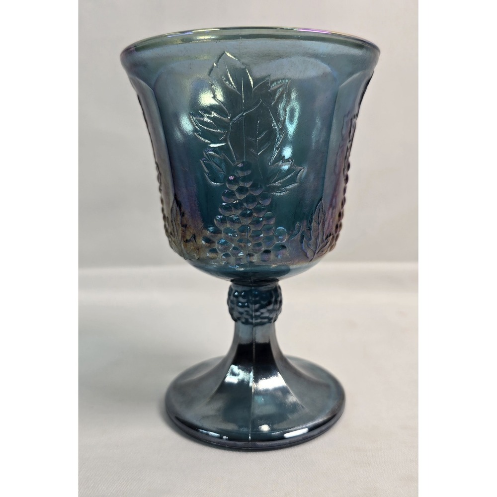 Iridescent Blue Carnival Glass Goblet Grape Pattern